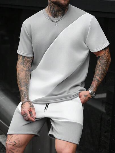 SLATEMANN 男士T恤套装，撞色休闲街头风