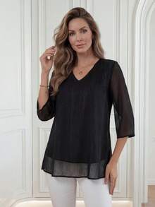 Medorina Women's Solid Color V-Neck Mesh 3/4 Sleeve Loose Blouse Casual Spring Summer - Black - View 4