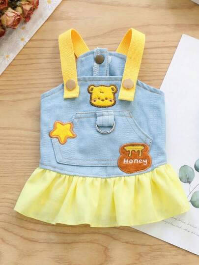PETSIN 1pc Little Bear Honey Embroidery Pet Strap Skirt Strap Pulling D-Ring Cat And Dog Universal Clothes Cute Yellow Ruffle Hemline Skirt
