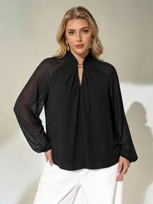 Auralis Plus Size Women Elegant Solid Color Blouse For Commuting Summer Outfit For Women  Black - Black - View 2