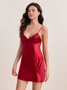 SilkySpell 对比色蕾丝开衩下摆缎面吊带睡衣 - 酒紅色 - 查看 5