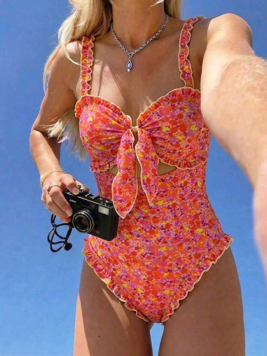 Swim Mod Bộ đồ bơi liền thân mùa Xuân/Hè mới, bikini, không dây, gợi cảm, dễ thương, ngọt ngào, chất liệu vải có họa tiết, bèo nhún, phong cách nghỉ dưỡng bãi biển. - Nhiều màu - Xem 1