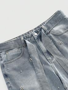 ROMWE MEN Essentials Distressed Vintage Rhinestone Embellished Loose Fit Men's Casual Shorts - Blue - View 6
