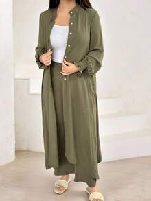 Veilorie Women's Solid Color Front Button Asymmetric Hem Long Sleeve Top And Pants Elegant 2 Pieces Set - Army Green - View 3