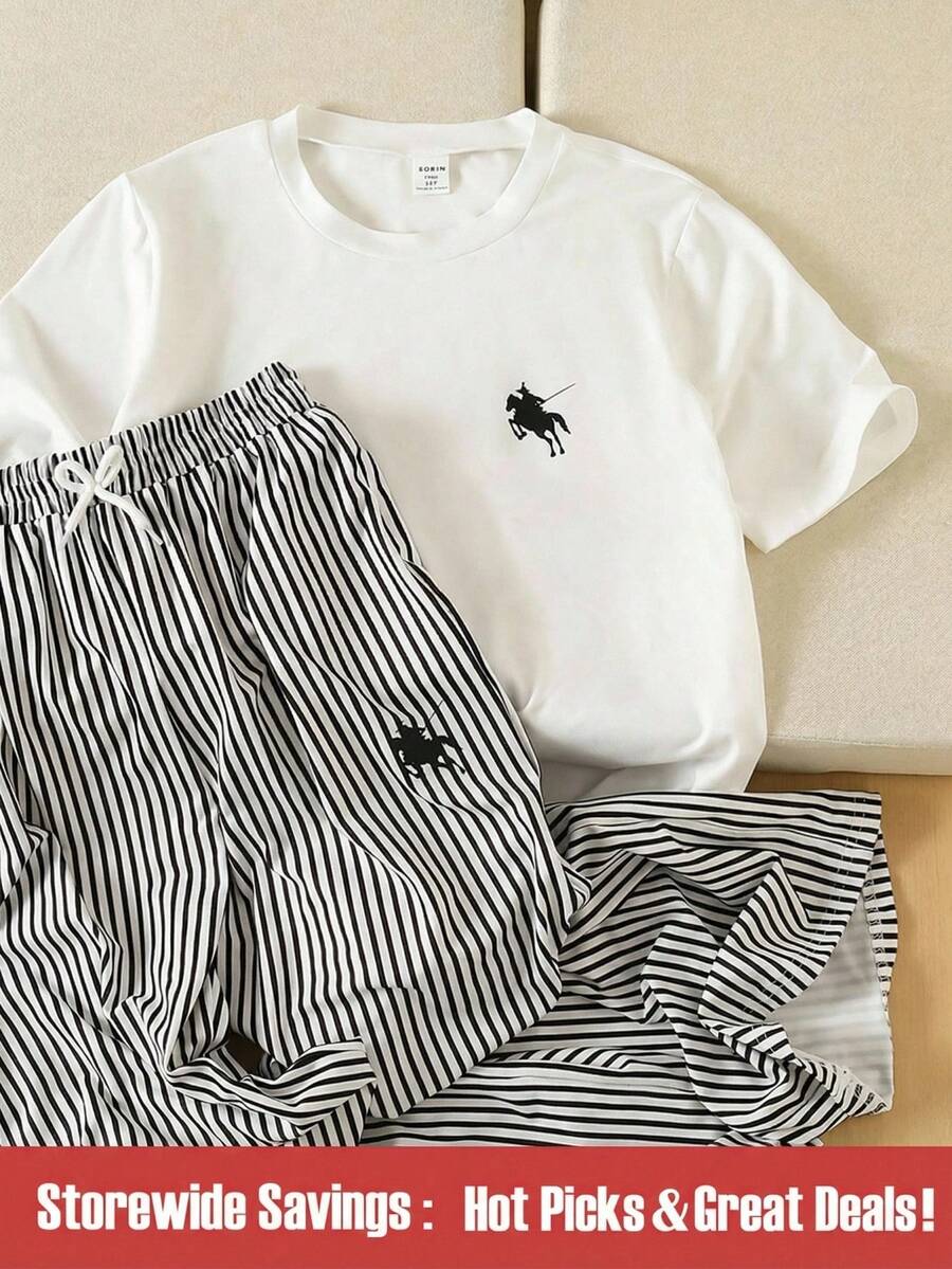 SHEIN 少女骑士图案T恤和条纹抽绳裤套装 - 黑與白 - 查看 1