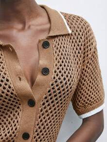 Maija Contrast Color Trim Hollow Out Short Sleeve Knit Cardigan - Brown - View 8