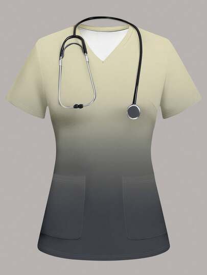 TaskEZ 女士渐变色短袖手术服上衣