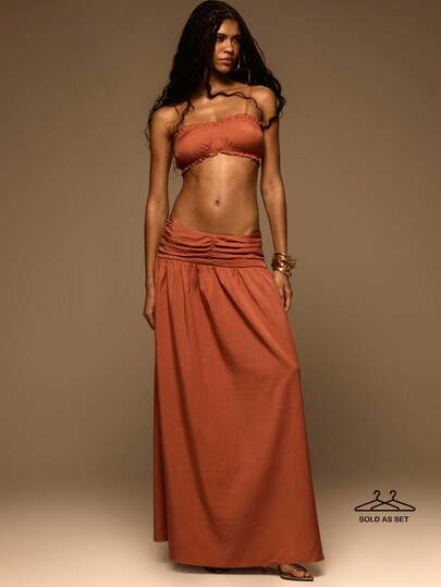 MUSERA Satynowy top z falbanką i niskim stanem, marszczona talia, luźny krój, długa spódnica, komplet, wiosna, lato, eleganckie wakacje, wakacje, klub na Ibizie, okazja, seksowny wieczór, wesele, pocałunek przy zachodzie słońca