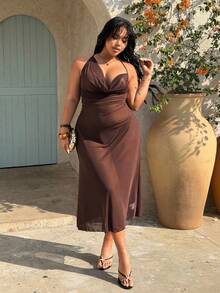 Rustia Plus Size Women Solid Color Halter Backless Cross Elegant Waist Gathering Party Dress - Coffee Brown - View 5