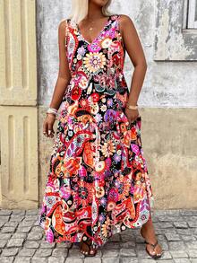 Breezaya Plus Size Women's Summer Beach Vacation Paisley Print Sleeveless Waist Tiered Hem Dress Holiday Black And Gold Boho - Multicolor - View 5