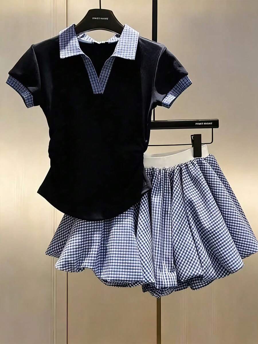 SHEIN Franclia 女士优雅两件套，复古风二合一商务休闲T恤和泡泡裙，适合办公和返校季穿着 - 藏蓝色 - 查看 1