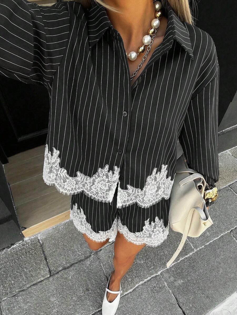 Siren Gaze Striped Short Shirt And Shorts Set, Lace Decorated Women 2 Pieces Set, Shorts Set, Shirt Set - Black - View 1