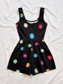 Soleia Nuevo mono minimalista de cuello cuadrado con estampado gráfico de punto - Negro - Ver 2