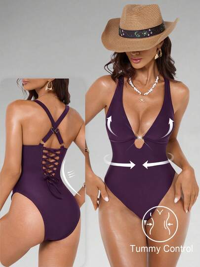 Shapewave Women's Metal Decor One-Piece Swimsuit, Casual For Beach & Pool