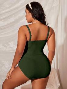 Slaydiva Plus Size Solid Color Ruffle Trim One-Piece Swimsuit For Beach Vacation - Army Green - View 2