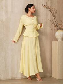 Graceveil Bộ đồ nữ gồm áo và chân váy màu trơn cài cúc, viền bèo nhún, kiểu dáng kín đáo, trang phục thanh lịch cho nữ, bộ đồ hai mảnh cho nữ, váy nữ, đầm cổ điển cho nữ, bộ đồ nữ, đầm dự tiệc, đầm nữ, trang phục mùa đông thanh lịch cổ điển cho nữ, bộ chân váy. - Màu vàng - Xem 6