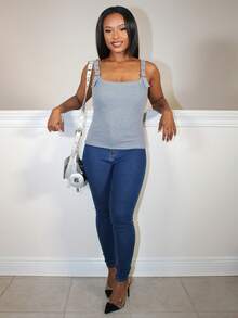 Steph T Kamisol Wanita Warna Polos Sederhana dengan Leher Bulat - Dark Grey - View 4