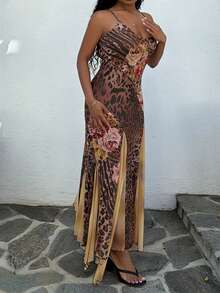 Tyla Gomez Neues lässiges Urlaubsoutfit, Hochzeitsgast-Garderobe für Strand-Hochzeiten, Abschlussfeier-Brunch Damenkleid, elegantes bohemian-tropisches asymmetrisches gestricktes Mesh-Kleid mit Braun-Rose-Leoparden-Muster, geeignet für St. Patrick's Day, Frühjahrsferien, Ostern, Musikfestivals - Braun - Übersicht 3