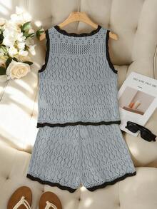 SHEIN Franclia 新款简约夏日度假风优雅镂空波浪领性感吊带背心修身显瘦沙滩度假撞色无袖针织女式毛衣两件套 - 淺灰色 - 查看 2