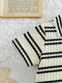 SHEIN Baby Girl Textured Black & Beige Striped Collared Short Sleeve Polo Dress, Preppy Style, Suitable For Spring, Summer, Autumn - Black - View 9