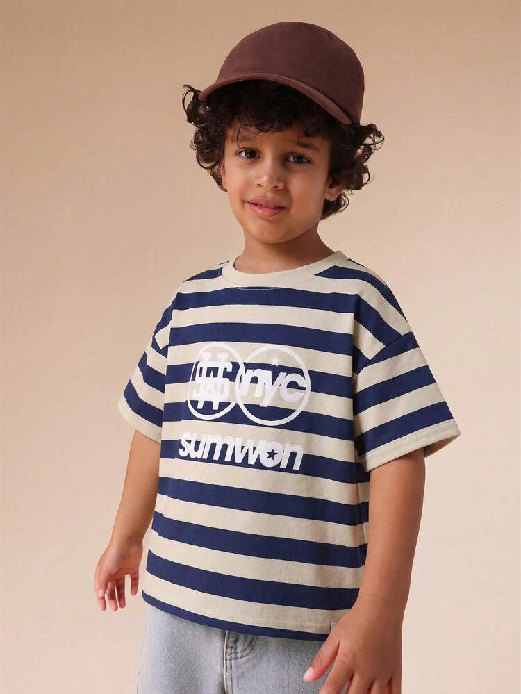 Camiseta de cuello redondo a rayas de gran tamaño con estampado de texto