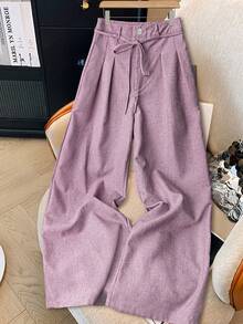 GlowEve 女士休闲蓝白布料系带阔腿西装裤，春夏款 - 淺粉色 - 查看 1