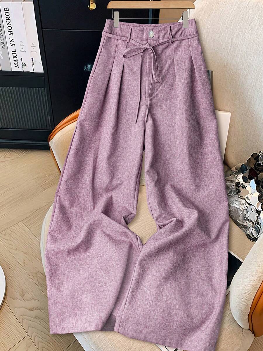 GlowEve 女士休闲蓝白布料系带阔腿西装裤，春夏款 - 淺粉色 - 查看 1