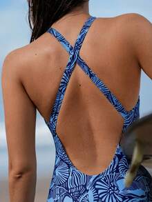 Swim SPRTY Áo tắm liền thân nữ kiểu đan chéo, in họa tiết vỏ sò, thích hợp cho kỳ nghỉ. - Màu xanh hải quân - Xem 3