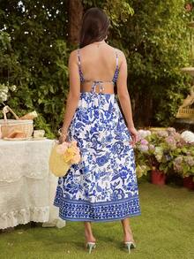 SHEIN Bohemian Style Fashionable Sexy Printed Tie-Front Maternity Dress - Blue - View 2