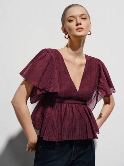 Aveloria Modichic Women's Faux Linen Textured Fabric Slim Fit Puff Shape Deep V-Neck Ruffle Flutter Sleeve High Waist Ruched Hem Vertical Plissé Design Elegant Romantic Retro Style Red Blouse Elegant Women's Blouses Red Dress For Women Elegant Party Dresses For Women Summer Tops Vacation Outfits Women