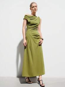 Aveloria Modichic Robe longue élégante et luxueuse pour femmes, avec épaule asymétrique froncée et sexy pour soirée - Vert - Voir 5