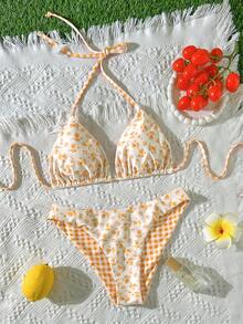 Swim Mod Bộ bikini hai mảnh mùa hè mới về dành cho nữ, áo và quần bikini tam giác buộc dây cổ, họa tiết hoa và kẻ caro ngẫu nhiên, đồ bơi đi biển. - Nhiều màu - Xem 6