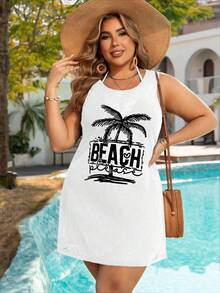 Swim Lushoire Plus Size Women Palm Tree Print Sleeveless Romper Casual Beach Cover Up - White - View 5