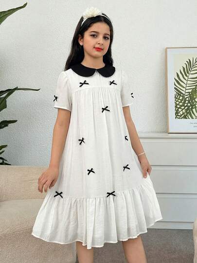 SHEIN 少女可爱蝴蝶结装饰花瓣袖彼得潘领休闲日常连衣裙