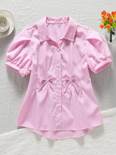 SHEIN Vintaside Kids Áo sơ mi tay ngắn kẻ sọc cài cúc phía trước, tay phồng, thắt nơ eo xếp ly, dáng chữ A tôn dáng, thích hợp cho đi làm, đi nghỉ mát và thư giãn, mùa hè.