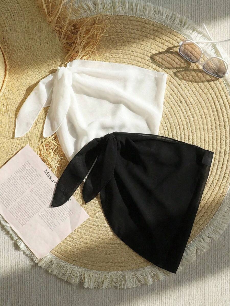 SHEIN 2pcs Tween Girls' Chiffon Beach Cover-Up Dress Set,Kids - Black - View 1