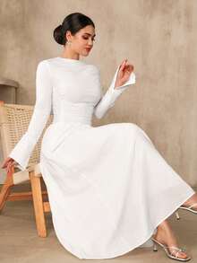 Graceveil Đầm dài tay chuông màu trơn thanh lịch cho nữ, đầm dài trắng cho nữ, đầm dài có tay áo, đầm sang trọng cho nữ, đầm cưới dân sự thanh lịch cổ điển cho cô dâu, đầm đơn giản cho nữ, đầm dự tiệc cho nữ, đầm trang trọng cho nữ, đầm nữ thanh lịch cổ điển, đầm cưới thường ngày cho nữ, đầm kín đáo. - trắng - Xem 7