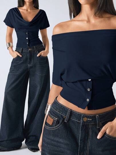 LYSMO 2026 New Minimalist Spring/Summer Women's Pure Navy Blue Short Sleeve Fitted Round Neck Fashionable Casual Shirt, Outdoor Top, Carnival Clothing, Summer Vacation Outfit,Summer Top