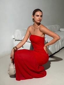 Lavishia Strapless Chiffon Patchwork Elegant Romantic Dress - Fiery Red - View 5