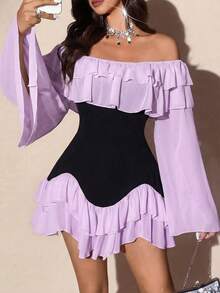 SHEIN Elenzya Đầm mini dáng xòe dài tay, ôm sát, chất liệu chiffon mềm mại, thanh lịch, lãng mạn, phối màu đen trắng dành cho nữ cỡ lớn, thích hợp cho mùa xuân/thu. - Nhiều màu - Xem 4