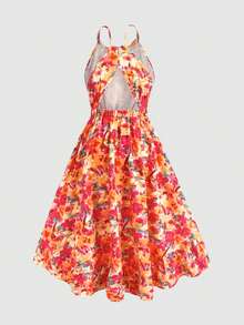 SHEIN 少女休闲度假复古图案无袖短前长后摆连衣裙 - 彩色 - 查看 2