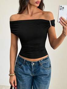 SHEIN Tall 不对称肩部针织T恤上衣，紫红色黑色上衣 - 黑色 - 查看 8