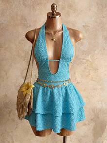 BamGleam Đầm ngắn kiểu dáng nghỉ mát dành cho nữ, màu xanh ngọc lam, chất liệu vải dệt họa tiết, cổ chữ V sâu, dây buộc vai, viền bèo nhún, eo thắt, thích hợp cho các bữa tiệc, mùa cưới, trang phục gợi cảm, hẹn hò, tiệc trà chiều, lễ hội âm nhạc, bãi biển, đầm nghỉ mát mùa hè, đầm ngắn. - Màu xanh ngọc - Xem 8