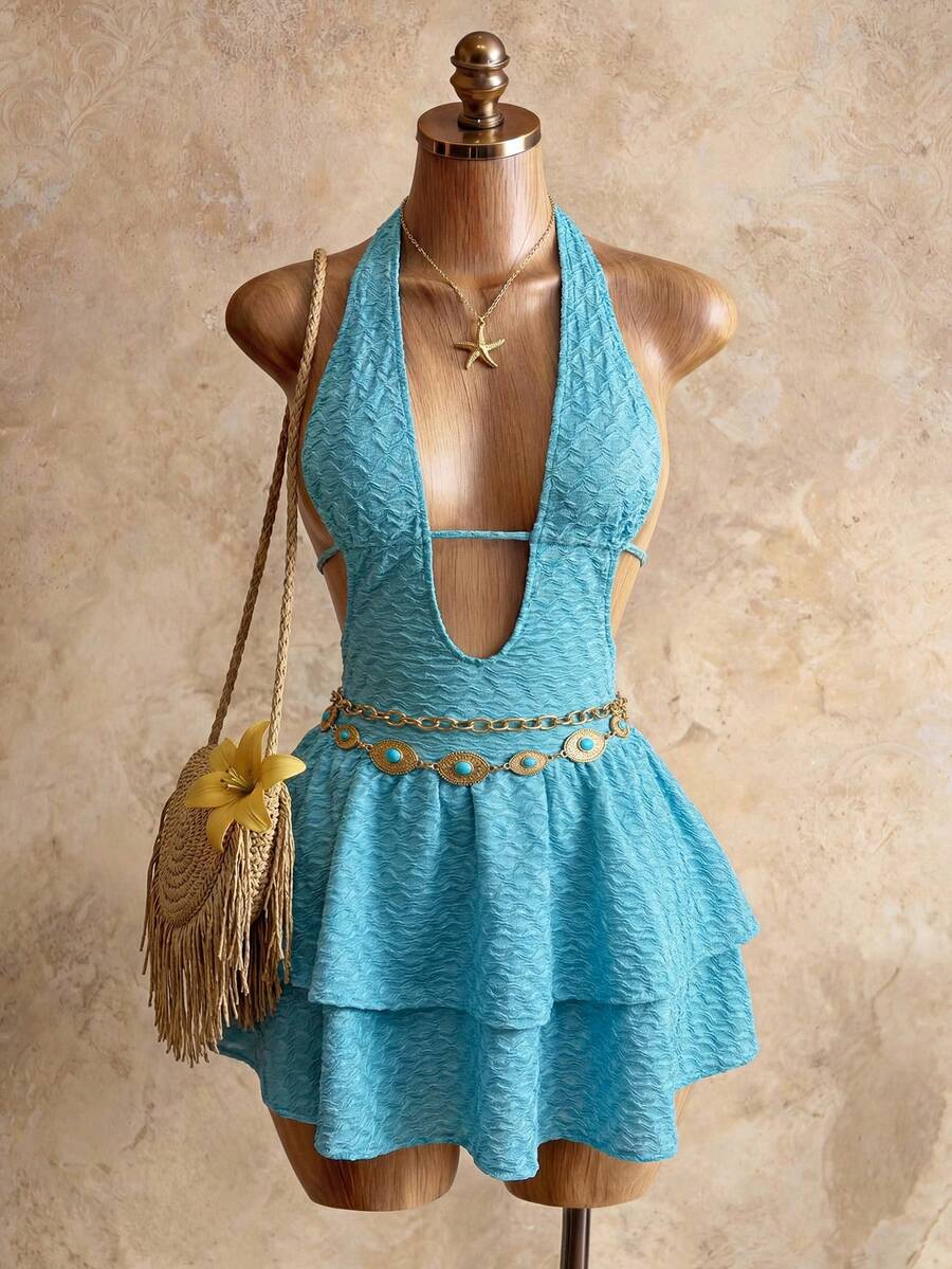 BamGleam Đầm ngắn kiểu dáng nghỉ mát dành cho nữ, màu xanh ngọc lam, chất liệu vải dệt họa tiết, cổ chữ V sâu, dây buộc vai, viền bèo nhún, eo thắt, thích hợp cho các bữa tiệc, mùa cưới, trang phục gợi cảm, hẹn hò, tiệc trà chiều, lễ hội âm nhạc, bãi biển, đầm nghỉ mát mùa hè, đầm ngắn. - Màu xanh ngọc - Xem 1