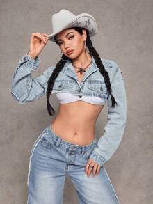 Jeanoix Women's Casual Washed Denim Super Short Jacket - Light Wash - View 1