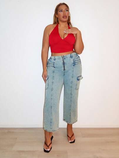 MelDlgn Jeans cargo de pierna ancha de lavado vintage de talla grande