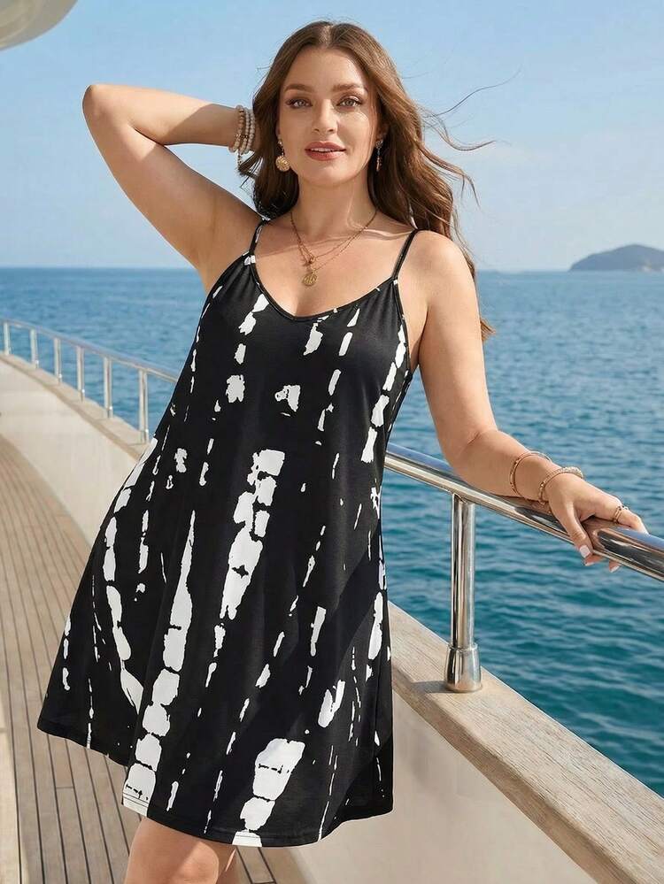Plus Size Women's Summer Casual Vacation Country Sleeveless Black & White Tie-Dye Print Camisole Black Mini Dress, Spring/Summer,Summer/Vacation,Summer Holiday,Spring Break Outfits ,Vacation Outfits Women ,Holiday Outfits For Women,Going Out Outfits,2026 New Clothes,Simple And Fashionable For Everyday Wear,Suitable For Summer, Vacation, Daily Wear,Suitable For Summer, Vacation, Daily Wear,Dresses For Women,Flowy Dress ,Beach Outfits For Women,Casual Vacation Boho Dress,Summer Dresses, Country Women's Summer Dresses,Casual Dresses For Women,Nautical Dresses For Women,Country Concert Outfit