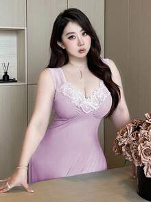 Vibekara Đầm cỡ lớn cổ kim cương, tay áo xếp ly tương phản. - Màu tím hoa cà - Xem 3