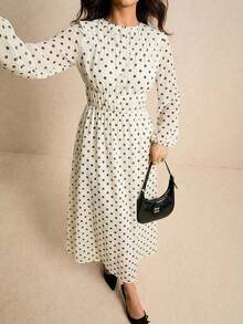 Poéselle Women's Elegant French Polka Dot Print Waist Cinched Long Tea Party Dress, Autumn White With Black Polkadot Dresses - Apricot - View 3