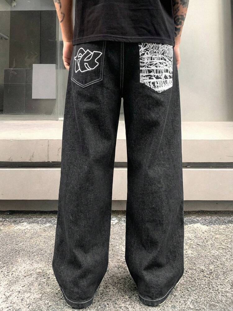 Men's Long Black Letter Print Denim Jeans, Suitable For Spring And Autumn